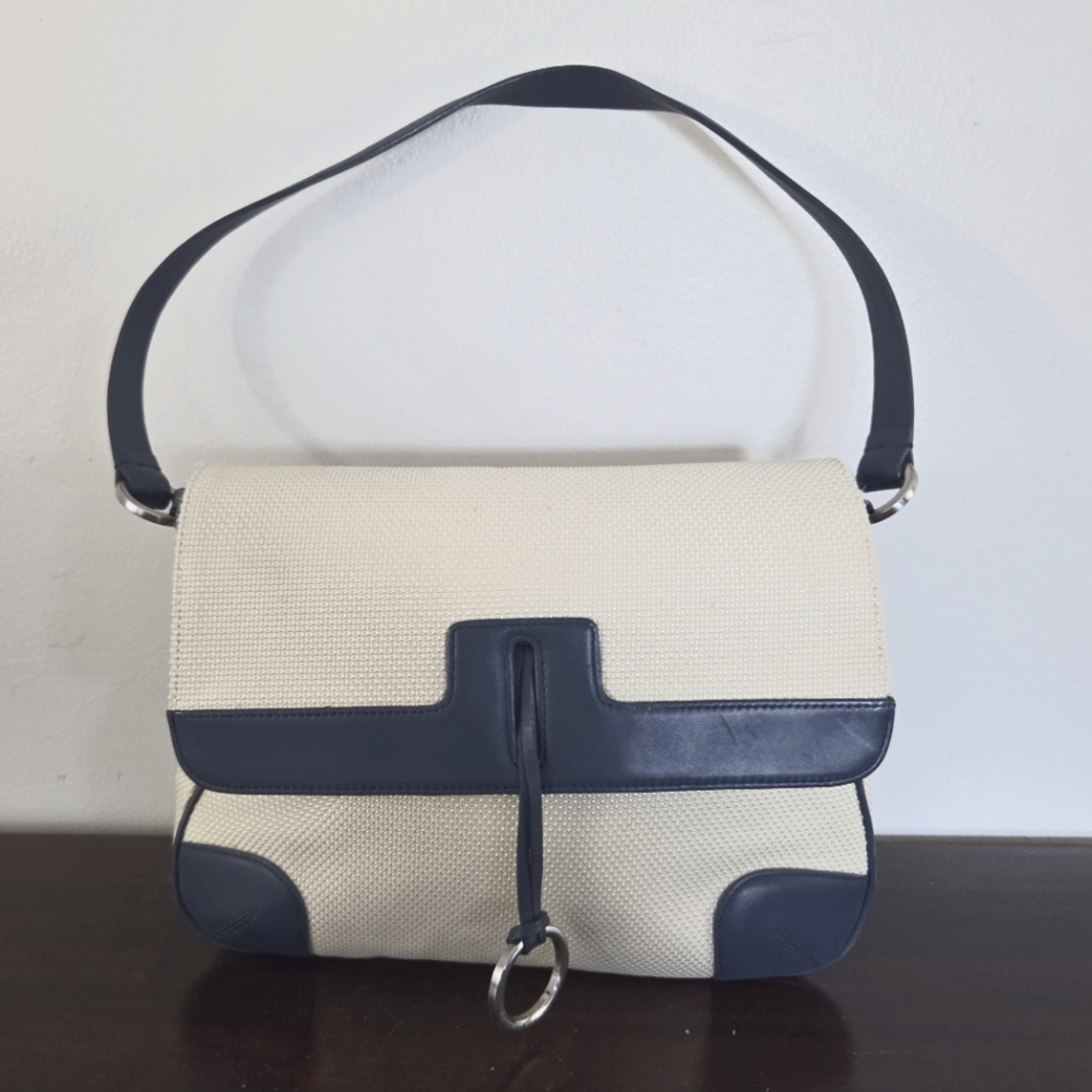 Antonio Melani Cream & Navy Blue Two-Tone Woven Shoulder Handbag Pre-Owned